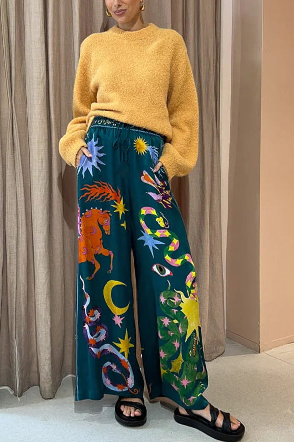 Holiday Pierson Linen Blend Unique Print Elastic Waist Pocketed Wide Leg Pants