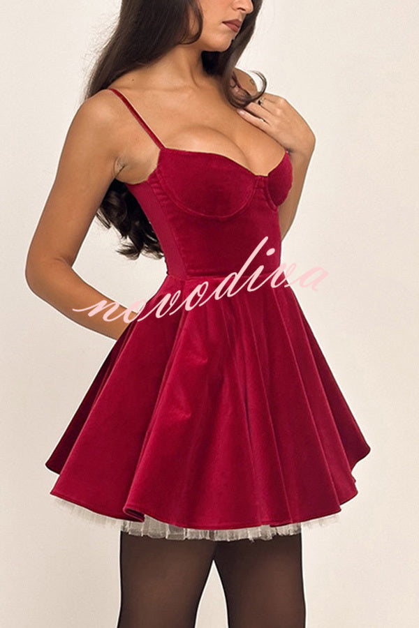 Year-end Dance Velvet Tulle Patchwork Sweetheart Neck Slip Mini Dress