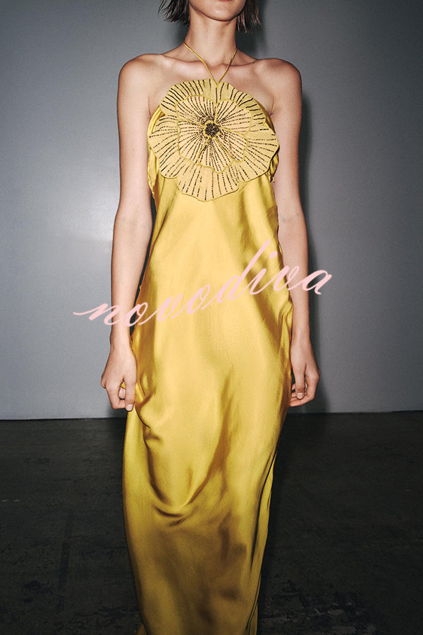 Fashionable Beaded Large Flower Decoration Halter Neck Backless Maxi Dress