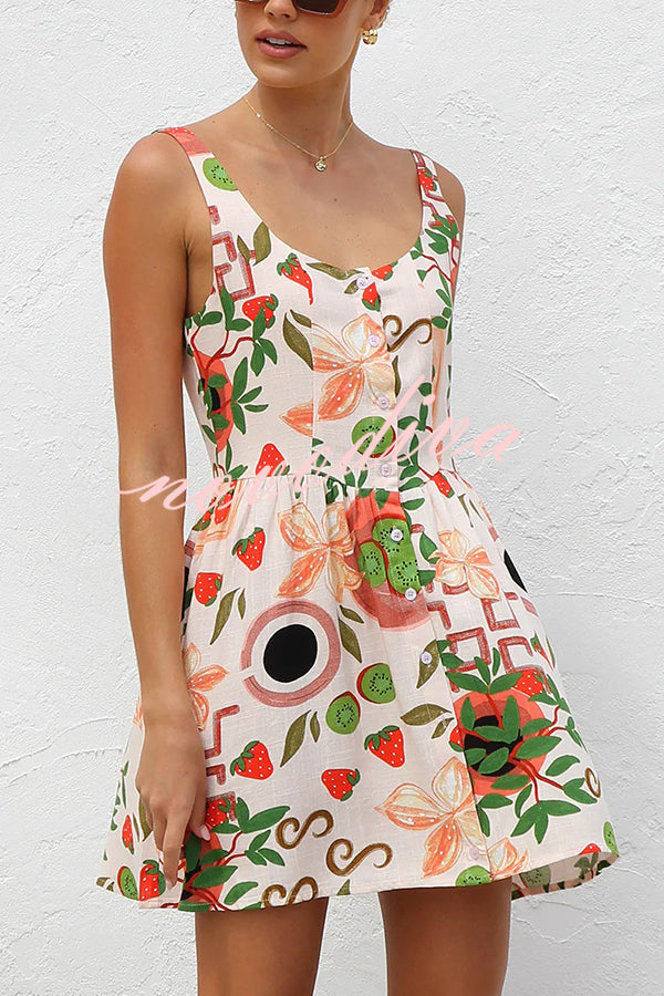 Botanical Print Sleeveless Button-Down Mini Dress