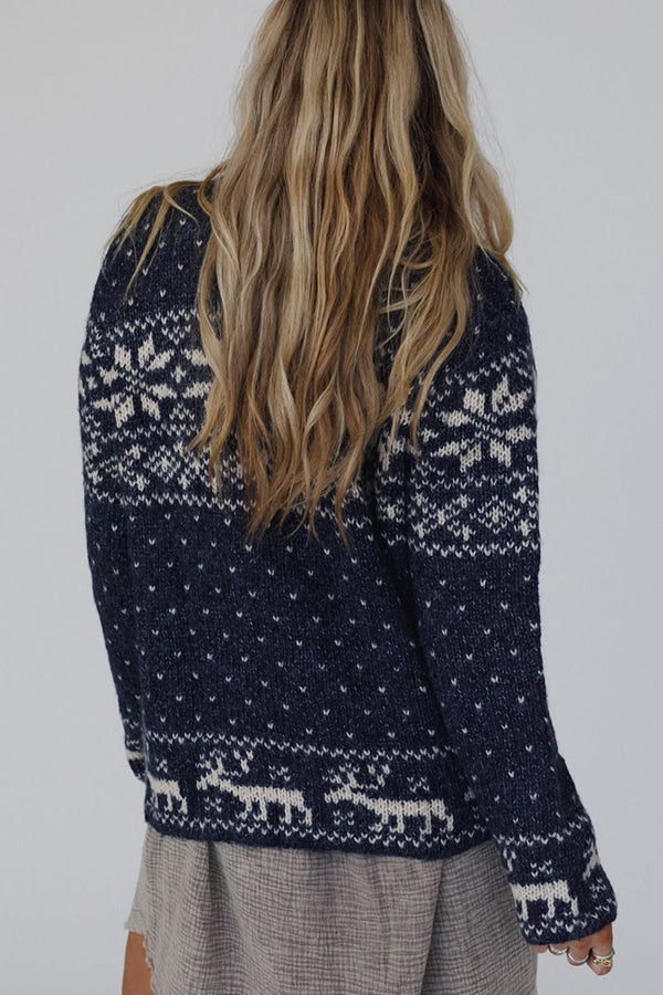 Christmas Snowflake Moose Zipper Long Sleeve Sweater