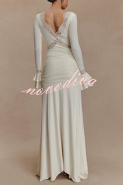 Fashion Lace Splicing Sexy V-neck Long-sleeved Slim Maxi Dress