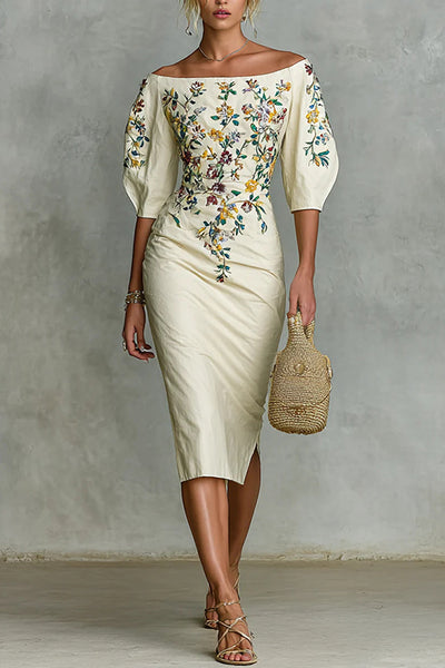 Floral Print Off-shoulder Puff Sleeve Fitted Midi Dress