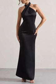Solid Color Halter Neck Tie Sexy Backless Slim Maxi Dress