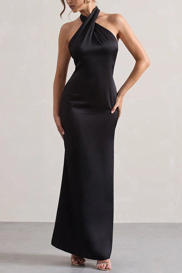 Solid Color Halter Neck Tie Sexy Backless Slim Maxi Dress