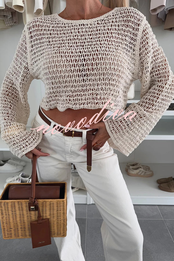 Fashion Knitted Hollow Long Sleeve Round Neck Holiday Cover Up