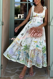Euro Summer View Linen Blend Unique Print Tie-up Straps Pocket Midi Dress