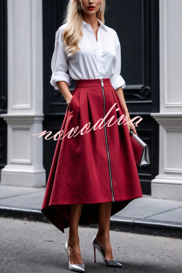 Effortless Charm Front Zipper Detail Pocketed High Low Pleated Midi Skirt