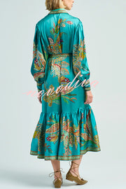 Resort Style satin Unique Printed Lapel Lantern Sleeve Lace-up Midi Dress