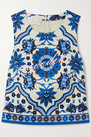 Unique Printed Round Neck Sleeveless Top and Casual Mini Skirt Set