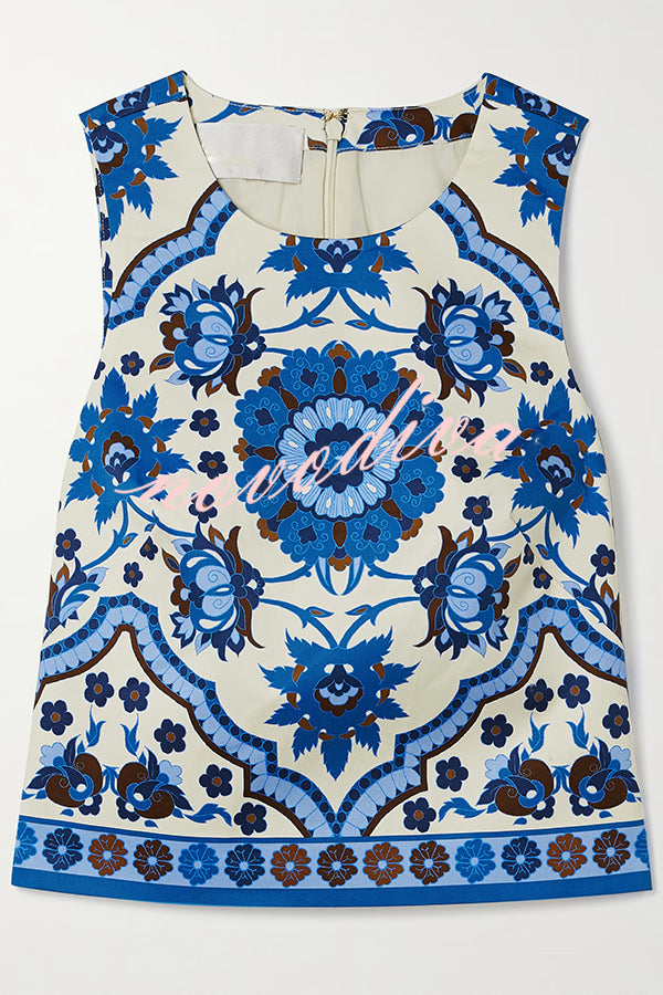 Unique Printed Round Neck Sleeveless Top and Casual Mini Skirt Set