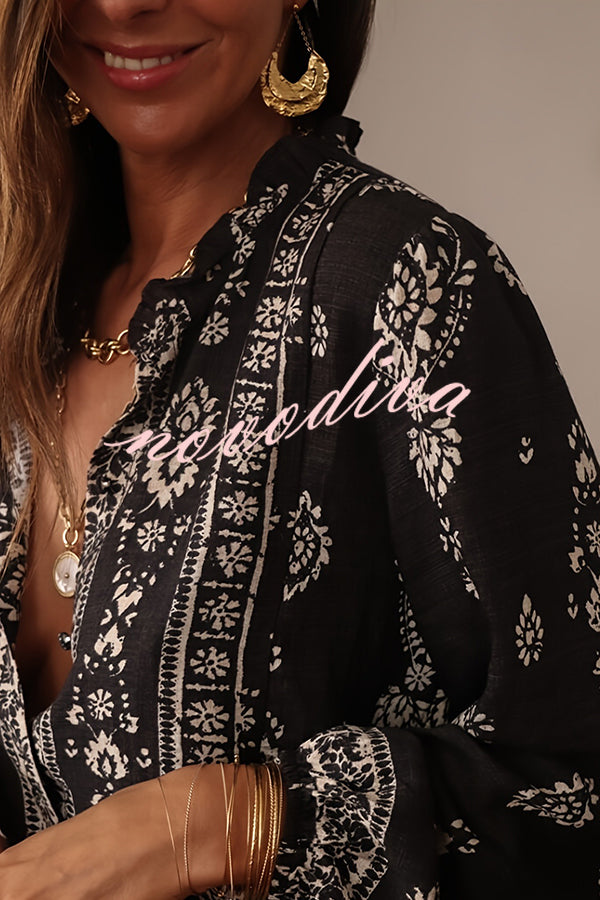 Unique Print Long-Sleeved Button-Up Elegant Shirt