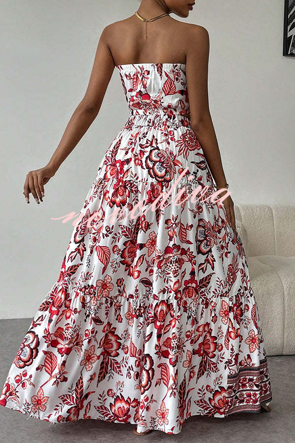 Floral Print Cutout Bandeau Top and Elastic Waist Full Maxi Skirt Set