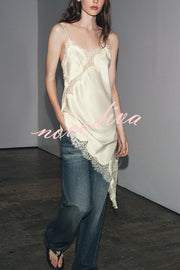 Satin Lace Trim V-neck Asymmetrical Hem Slip Mini Dress