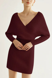 Solid Color Crossover V-neck Long-sleeved Fitted Waist Knit Mini Dress