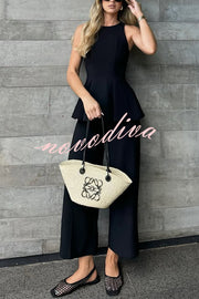 Solid Color Round Neck Sleeveless Casual Top and Loose Straight Pants Set