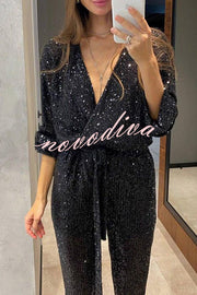 Cheers To You Sequin Long Sleeve Belted Wrap Loose Jumpsuit