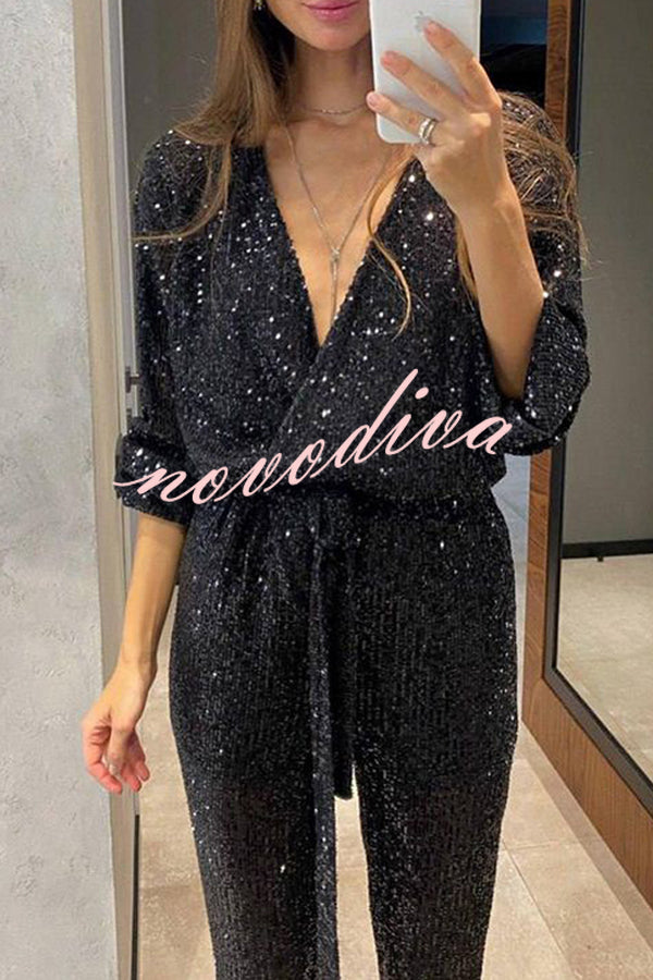 Cheers To You Sequin Long Sleeve Belted Wrap Loose Jumpsuit