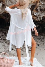 Solid Color Loose Long-sleeved Shirt-style Lace-up Cover-ups