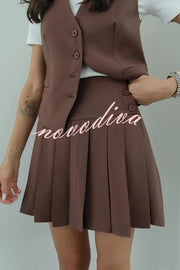 Solid Color Sleeveless Buttoned Vest and High-waisted Pleated Mini Skirt Set