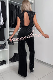 Perfect Party Style Sequin Velvet Patchwork Backless Flare Stretch Jumpsuit