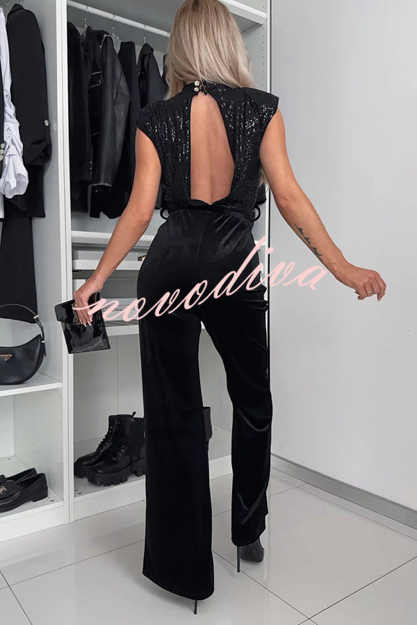 Perfect Party Style Sequin Velvet Patchwork Backless Flare Stretch Jumpsuit