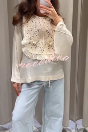 Fashionable Round Neck Tie Hollow Stitching Casual Shirt