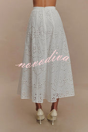 Arla Embroidered Lace Hollow High Rise A-line Midi Skirt