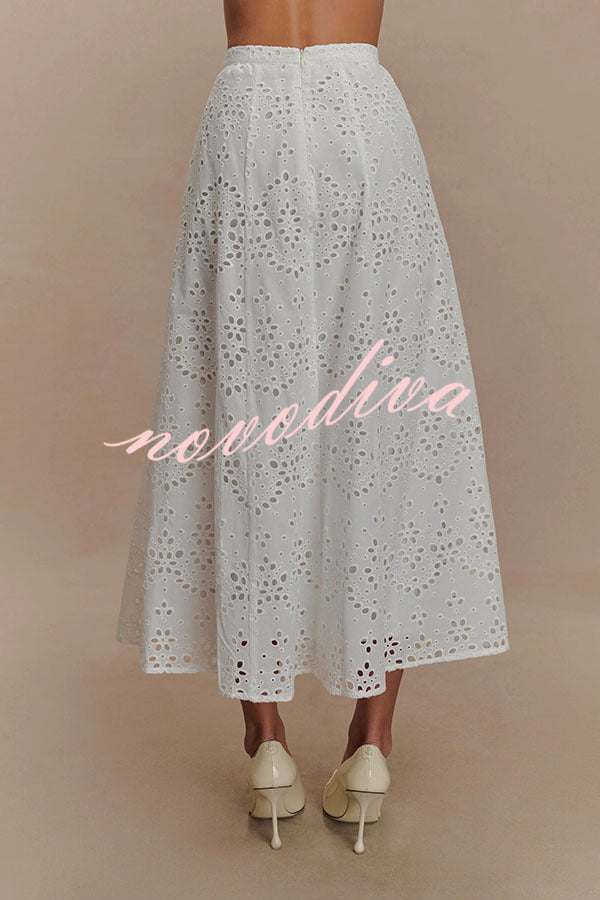 Arla Embroidered Lace Hollow High Rise A-line Midi Skirt