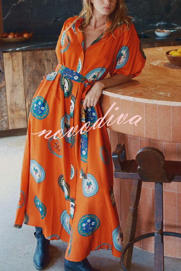 Linen Blend Unique Print Lapel Loose Tie Cardigan Maxi Dress