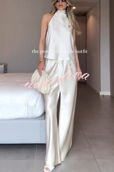 Modern Day Glam Satin Halter Tie-up Tank and Elastic Waist Wide Leg Pants Set