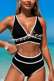 Solid Color Contrast High Waist Stretch Bikini Swimsuit