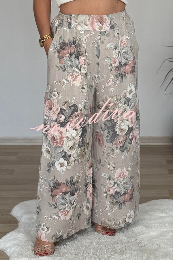Linen Blend Crew Neck Long Sleeve Irregular Loose Top and Elastic Waist Floral Print Casual Pocket Set