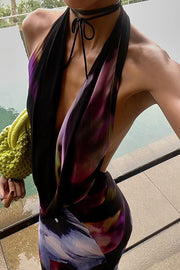 Bold and Sexy Tie-dye Abstract Floral Halter Drape Neck Backless Maxi Dress