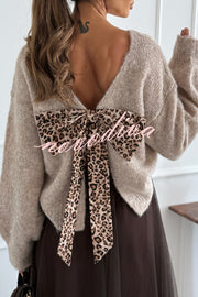 Gisella Knit Back Slit Leopard Print Bow Design Long Sleeve Relaxed Sweater