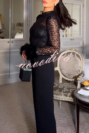 Aerie Sequin Embellished Mock Neck Long Sleeve Feather Cuff Flare Jumpsuit