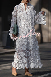 Solid Color Hollow Embroidery Loose Long Sleeve Midi Dress