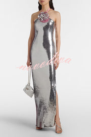 Moonlit Blooms Sequin Floral-appliqué Halter Neck Slit Gown Maxi Dress