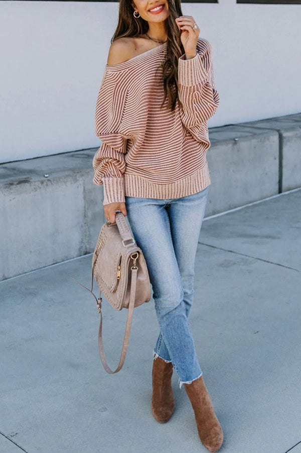 Knitted Striped Round Neck Dolman Sleeve Casual Loose Sweater