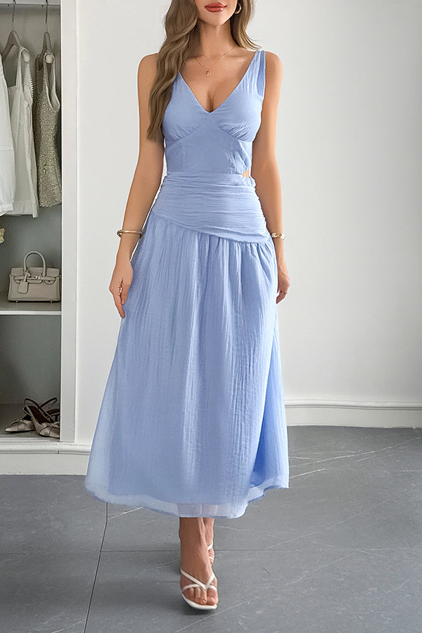 Solid Color V-neck Sleeveless Waist Hollow Out Maxi Dress