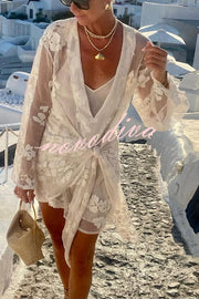 Beach Elegance Floral Lace Long Sleeve Wrap Tie-up Vacation Mini Dress