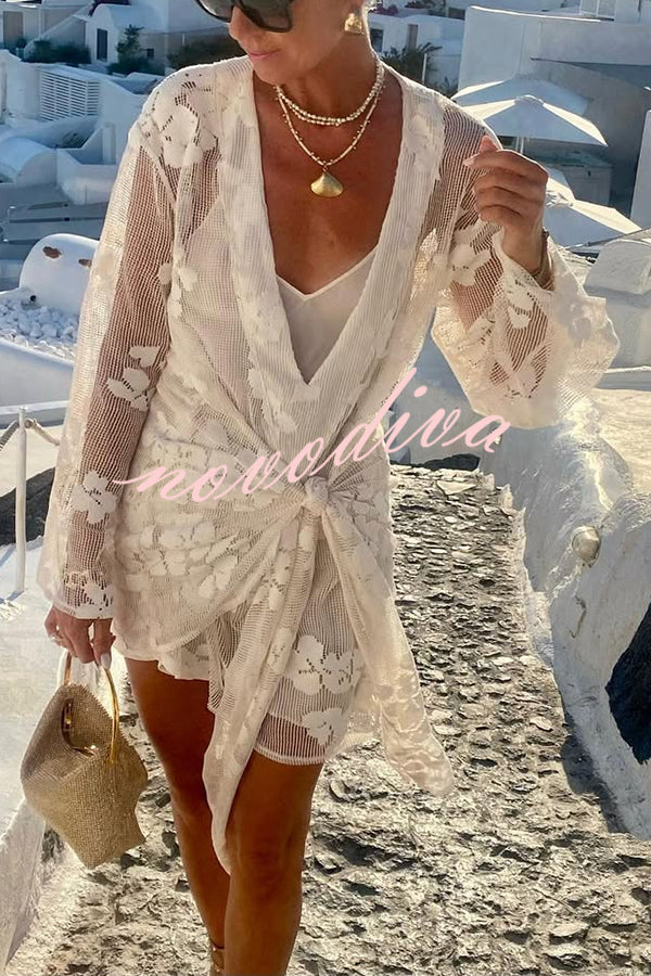 Beach Elegance Floral Lace Long Sleeve Wrap Tie-up Vacation Mini Dress