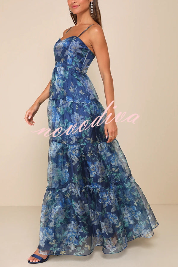 Exclusive Glamour Organza Floral Print Tiered Slip Maxi Dress