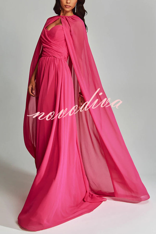 Romantic Party Chiffon Off Shoulder Sweetheart Neck Ruched Cape Maxi Dress
