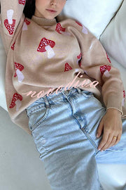 Mushroom Pattern Casual Loose Round Neck Knitted Sweater