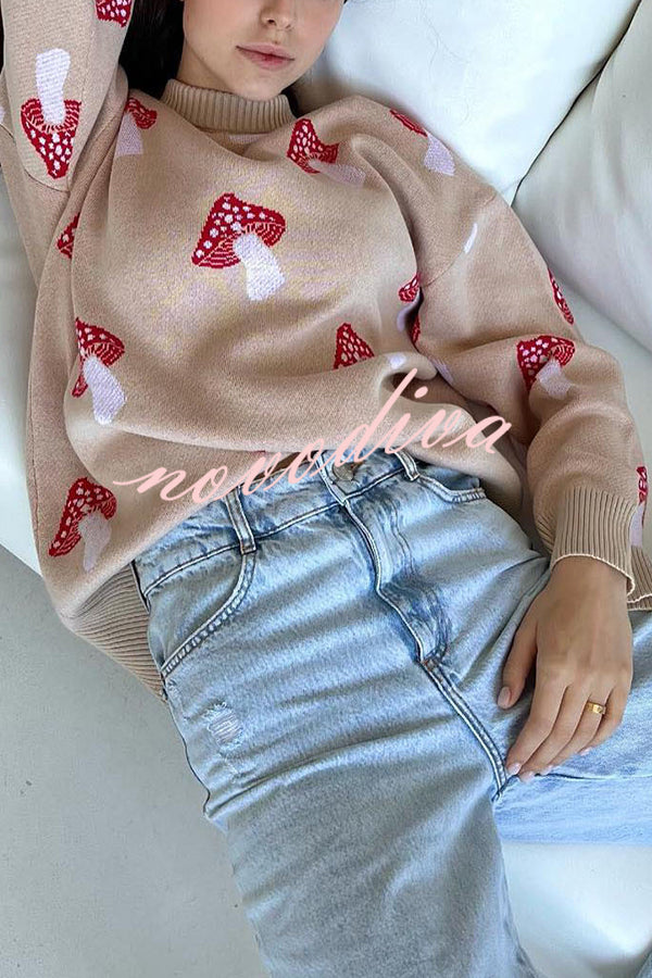 Mushroom Pattern Casual Loose Round Neck Knitted Sweater