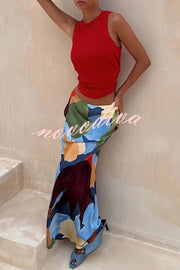 Bright and Bold Satin Abstract Color Blocks Print Elastic Waist Drape Maxi Skirt