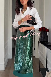 Shimmer Scene Sequin Patchwork Hem High Rise Slit Pencil Midi Skirt