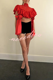 Clarissa Lace High Neck Side Tie-up Cascading Ruffles Cropped Cape Top
