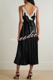 Dreaming of You Contrast Color Satin Lace Trim Back Tie-up Slip Midi Dress